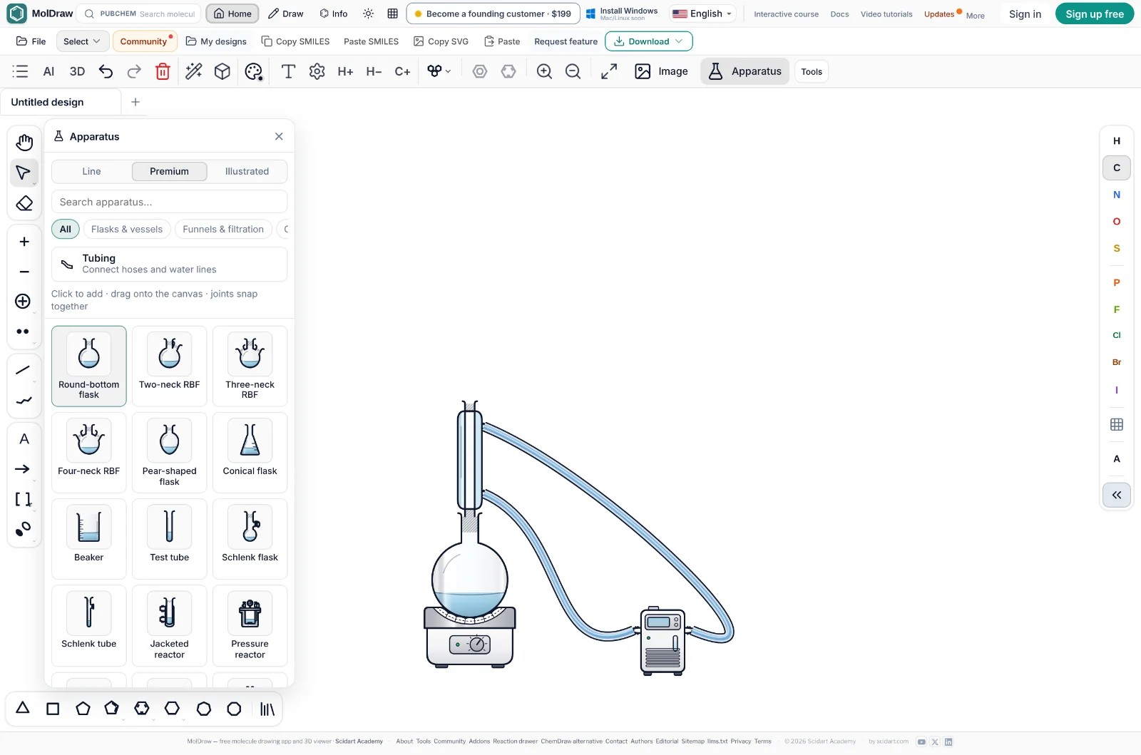 MolDraw editor with the Apparatus button highlighted in the tools row and the docked apparatus panel open on the left, showing Line, Premium and Illustrated styles, a search box, category chips, a Tubing button and cards for flasks, beakers and reactors; a reflux setup is on the canvas