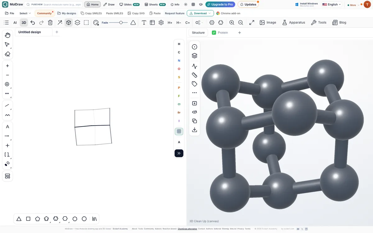 Adamantane en perspective 3D sur le canevas de MolDraw après 3D Clean Up
