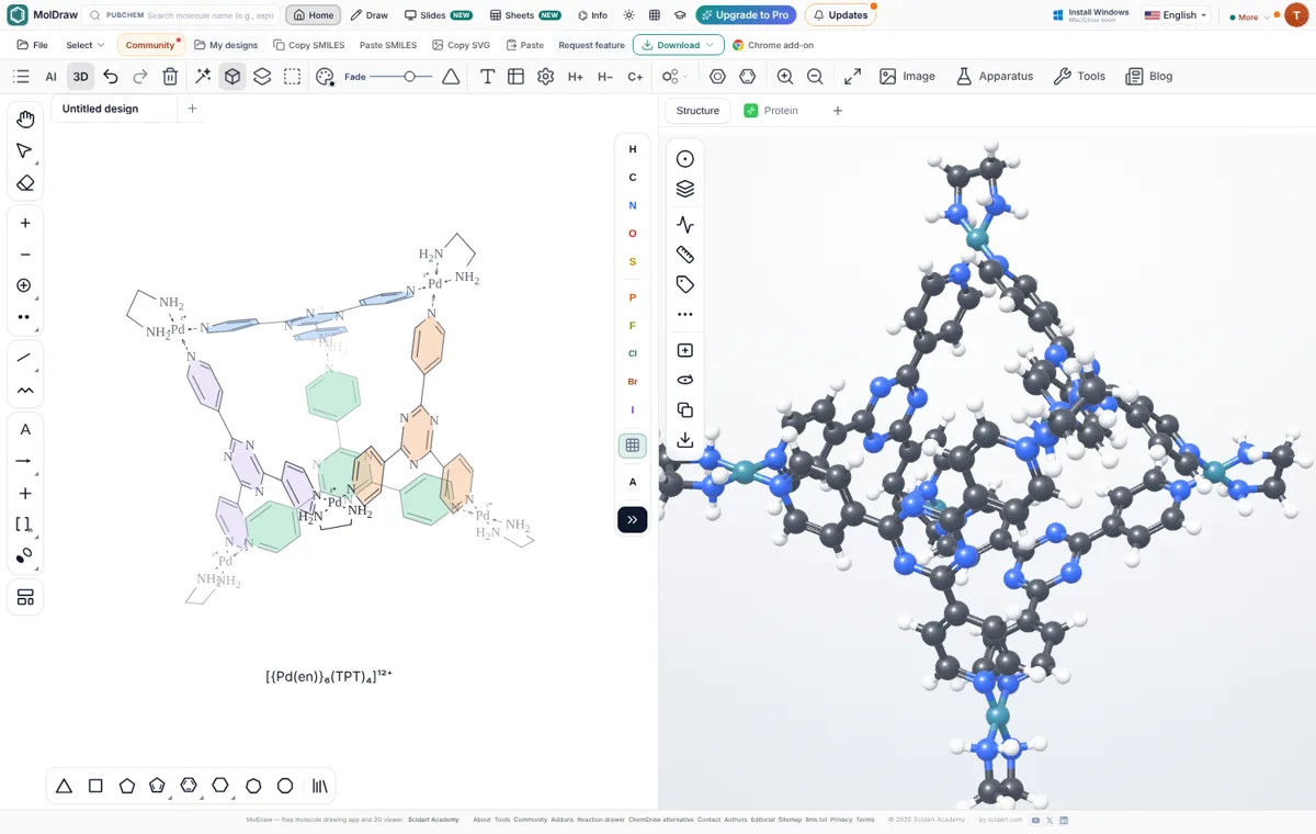 La cage de coordination de Fujita Pd6(TPT)4 placée depuis l'onglet Supramolecular en perspective 3D, avec des panneaux triazine colorés ; le visualiseur 3D à droite montre la cage complète avec les hydrogènes