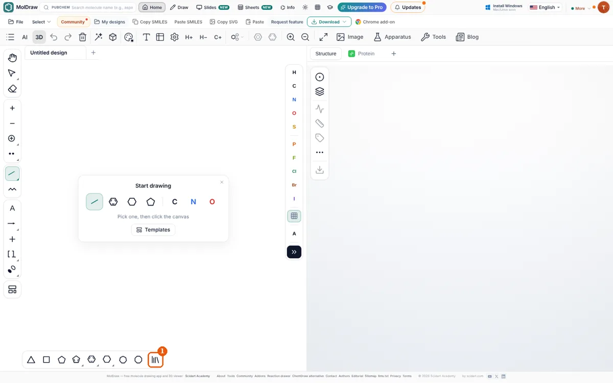 Éditeur MolDraw avec le bouton Library mis en évidence en bas de la barre d'outils de gauche