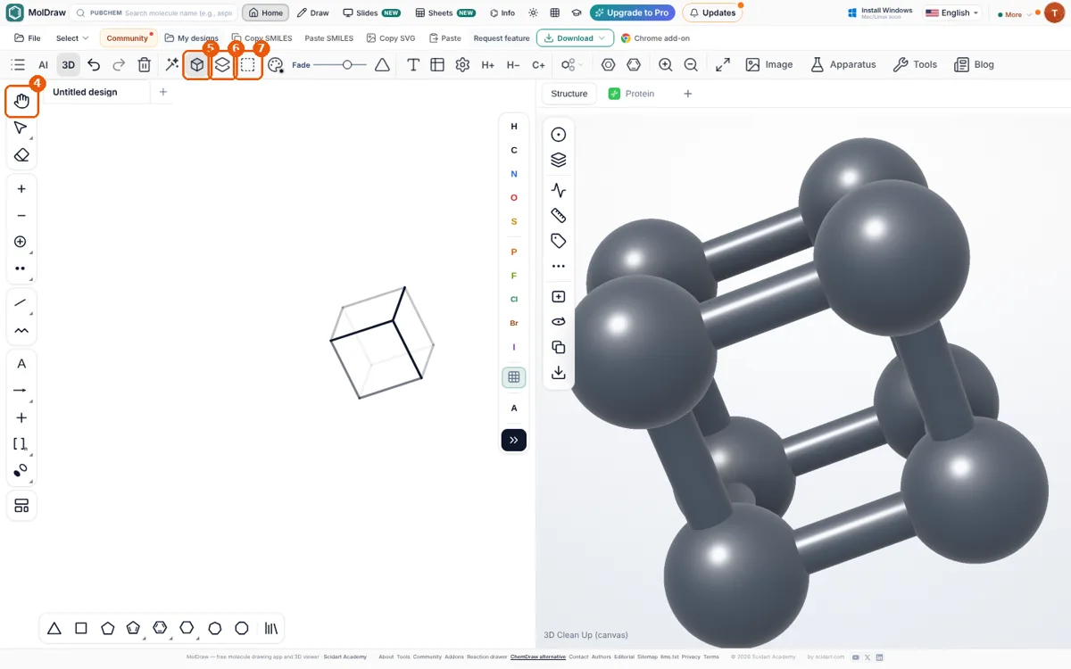 Cubane placé sur le canevas en perspective 3D ; l'outil 3D View et les boutons 3D Clean Up, Flatten 3D pose et Exit 3D sont mis en évidence ; le visualiseur 3D à droite montre le même cube