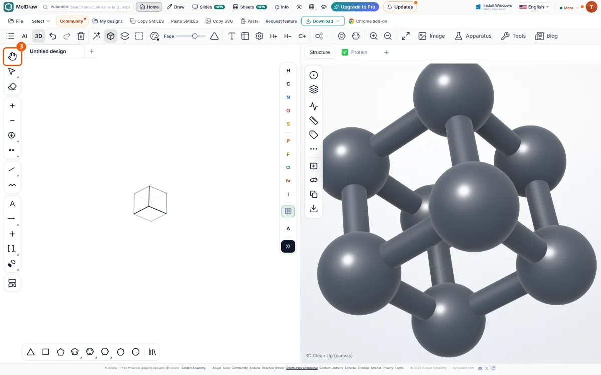 Le croquis à main levée après 3D Clean Up : un cube 3D correct sur le canevas avec l'outil 3D View mis en évidence, et le modèle 3D avec les hydrogènes à droite