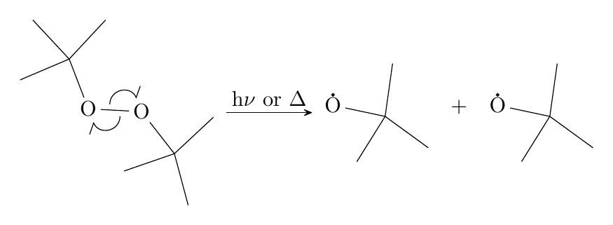 Anti-Markovnikov addition of HBr, Initiation: peroxide homolysis: this chemfig code compiled with pdflatex