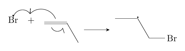 Anti-Markovnikov addition of HBr, Propagation 1: Br• adds to the less substituted carbon: this chemfig code compiled with pdflatex