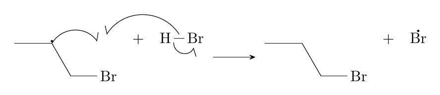 Anti-Markovnikov addition of HBr, Propagation 2: hydrogen abstraction from HBr: this chemfig code compiled with pdflatex
