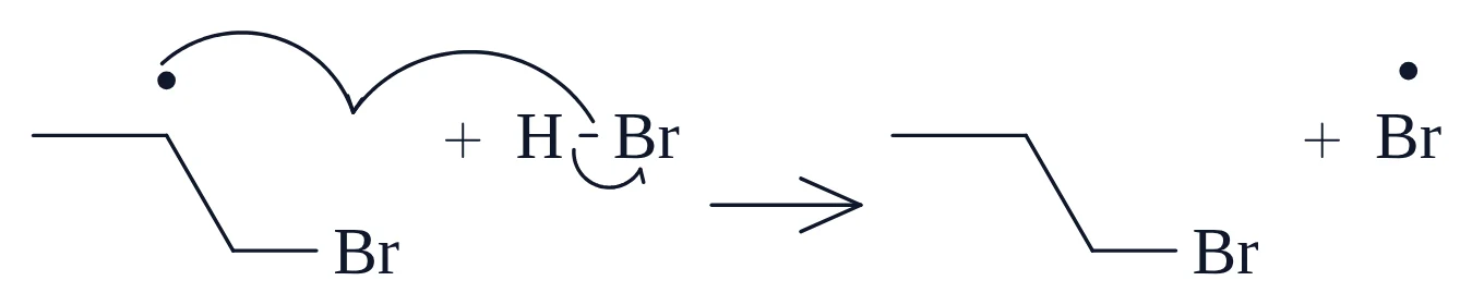 Anti-Markovnikov addition of HBr, Propagation 2: hydrogen abstraction from HBr: the same chemfig code pasted into MolDraw, with the same layout and curly arrows