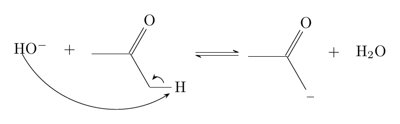 Base-catalysed aldol addition, 1. Enolate formation: this chemfig code compiled with pdflatex