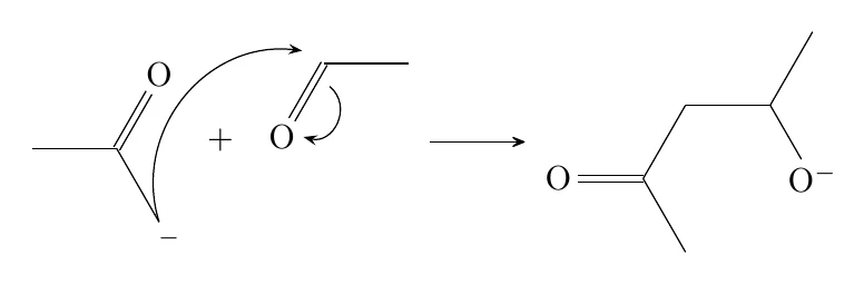 Base-catalysed aldol addition, 2. Nucleophilic addition to the aldehyde: this chemfig code compiled with pdflatex