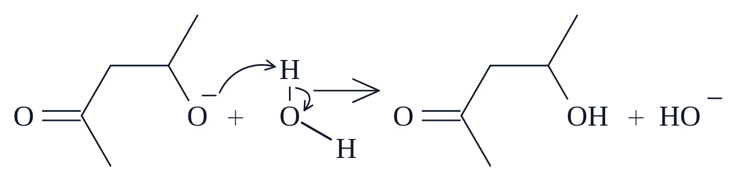 Base-catalysed aldol addition, 3. Protonation of the alkoxide: the same chemfig code pasted into MolDraw, with the same layout and curly arrows