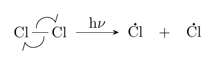 Radical chlorination of methane, Initiation: this chemfig code compiled with pdflatex