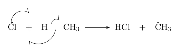 Radical chlorination of methane, Propagation 1: hydrogen abstraction: this chemfig code compiled with pdflatex