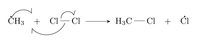 Radical chlorination of methane, Propagation 2: chlorine transfer: this chemfig code compiled with pdflatex