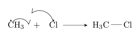 Radical chlorination of methane, Termination: this chemfig code compiled with pdflatex