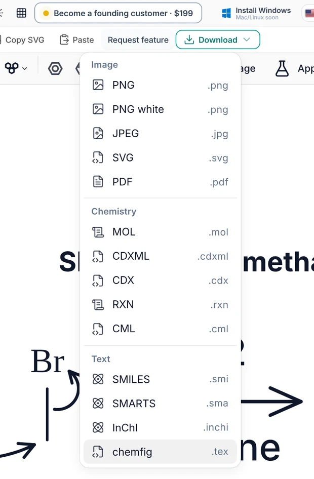 The MolDraw Download menu open, with Image, Chemistry and Text groups; the last item in the Text group, chemfig .tex, is highlighted
