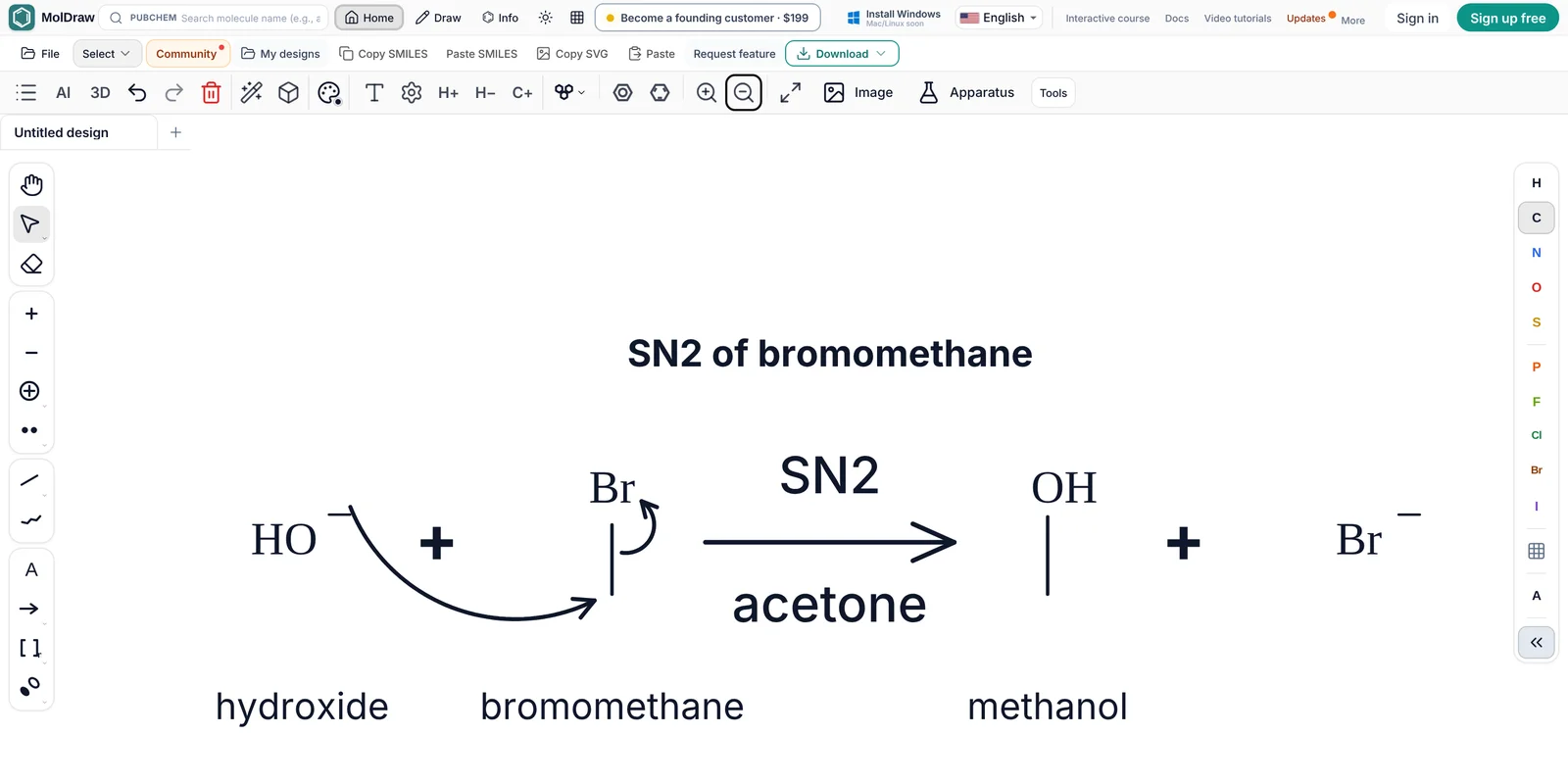 MolDraw editor showing an SN2 scheme pasted from chemfig: hydroxide plus bromomethane, a reaction arrow labelled SN2 over acetone, methanol plus bromide, with two curly arrows and the names under each compound