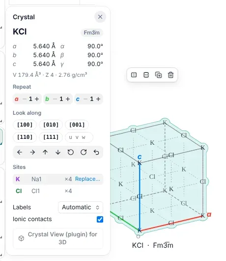 The crystal panel on the MolDraw canvas with cell read-out, Repeat a × b × c controls, Look along buttons, view rotation arrows, label and ionic contact options, and an Open in Crystal View button
