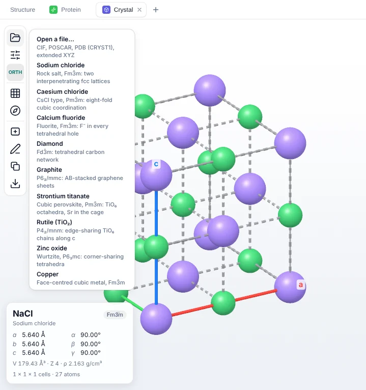 The Open menu of Crystal View with Open a file for CIF, POSCAR, PDB and extended XYZ, and examples: sodium chloride, caesium chloride, calcium fluoride, diamond, graphite, strontium titanate, rutile, zinc oxide and copper