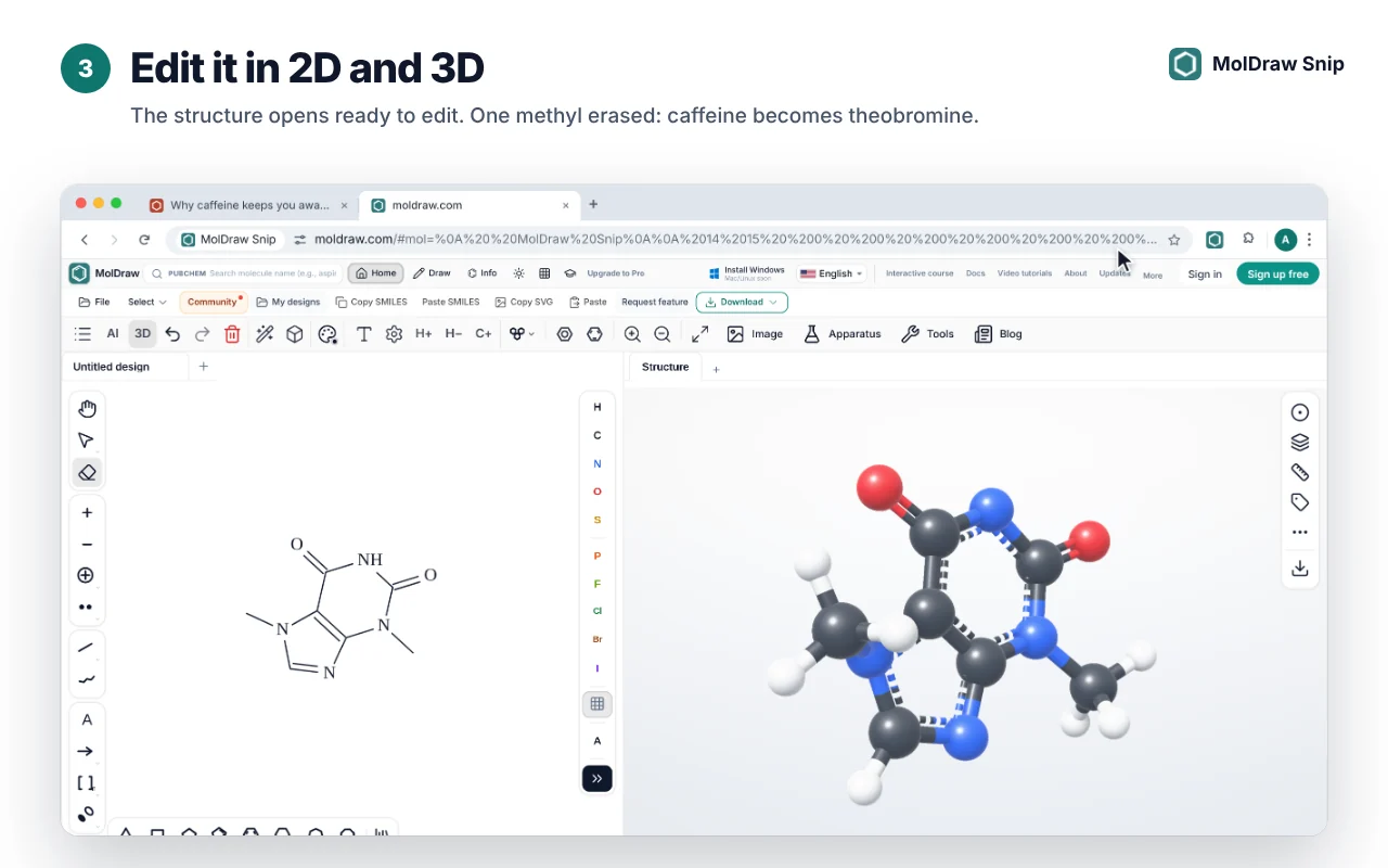The MolDraw editor with the snipped structure in 2D on the left, edited from caffeine to theobromine by erasing one methyl group, and the 3D ball-and-stick model on the right