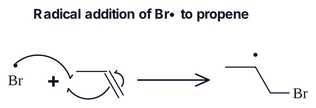 Radical addition of a bromine atom to propene drawn from MolScript with three fish-hook arrows: two meet in the new C–Br bond and one goes to the carbon that becomes the radical