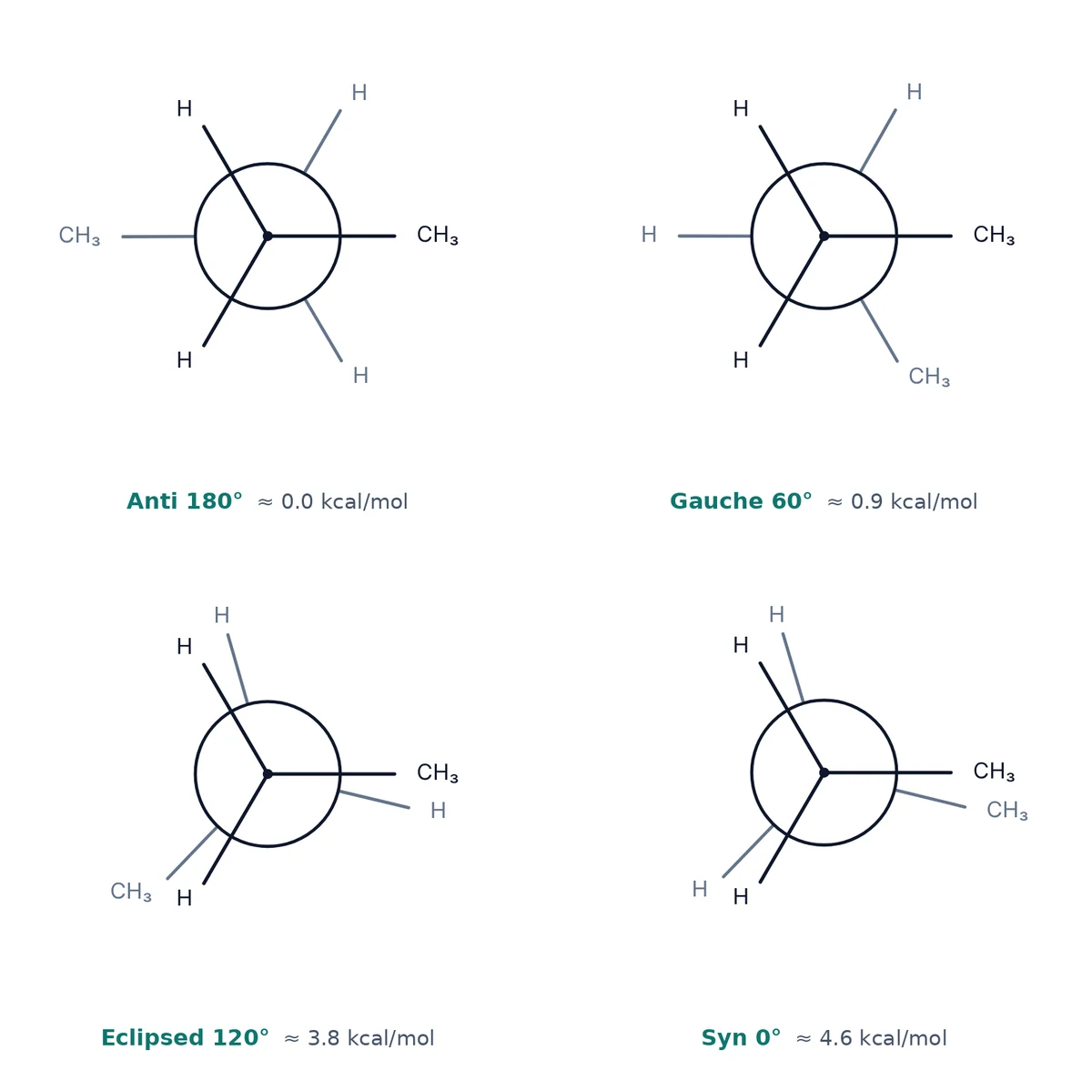 Four Newman projections of butane down C2–C3: anti 180° about 0.0 kcal/mol, gauche 60° about 0.9, eclipsed 120° about 3.8 and syn 0° about 4.6 kcal/mol