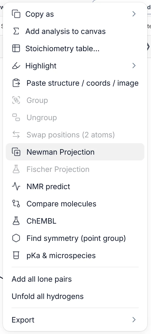 MolDraw right-click menu on a bond of butane with Newman Projection highlighted