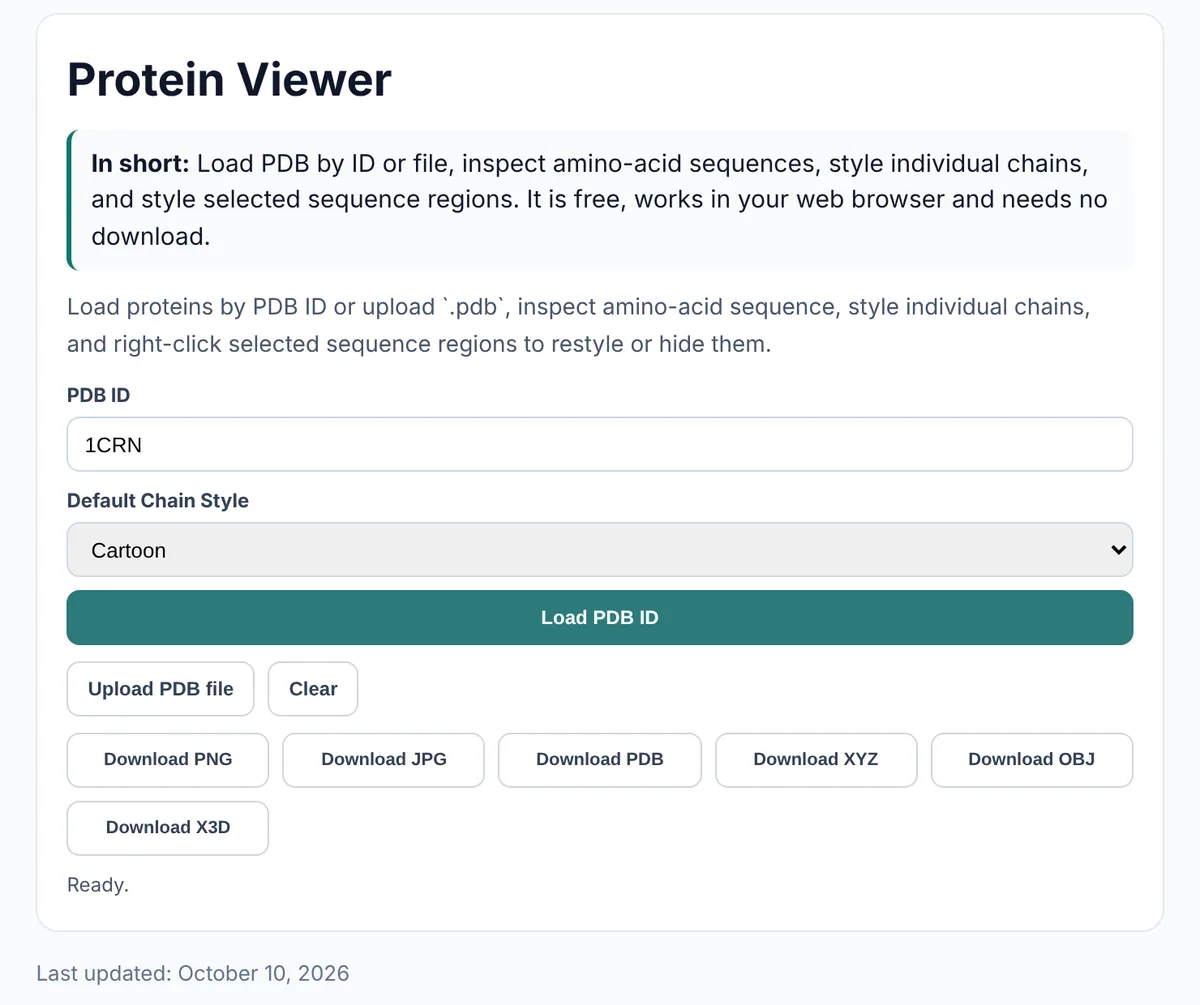 MolDraw Protein Viewer load form with PDB ID 1CRN entered, the Default Chain Style menu set to Cartoon, the Load PDB ID, Upload PDB file and Clear buttons, and download buttons for PNG, JPG, PDB, XYZ, OBJ and X3D