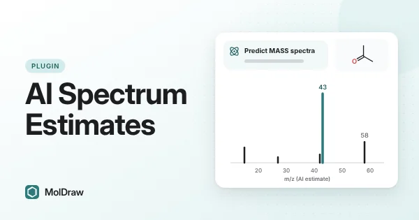 Richiesta "Predict MASS spectra" nella chat IA per l'acetone, con uno spettro di massa a bastoncini stimato che mostra il picco base a m/z 43 e lo ione molecolare a 58