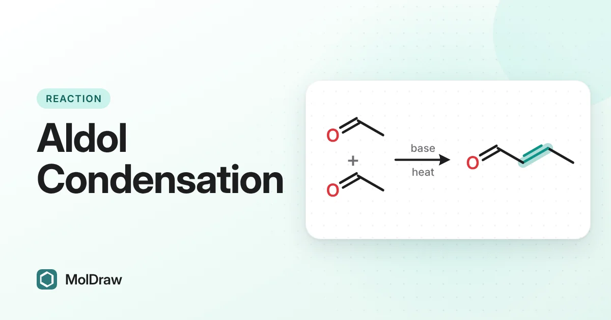 Aldol condensation scheme: two acetaldehyde molecules react with base and heat to give crotonaldehyde, with the new C=C bond highlighted