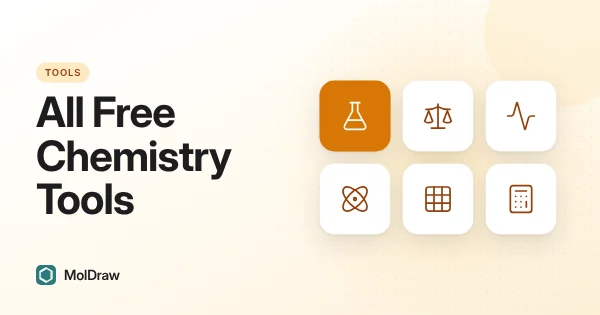 Grid of six chemistry tool icons: flask, balance, spectrum, atom, periodic table and calculator