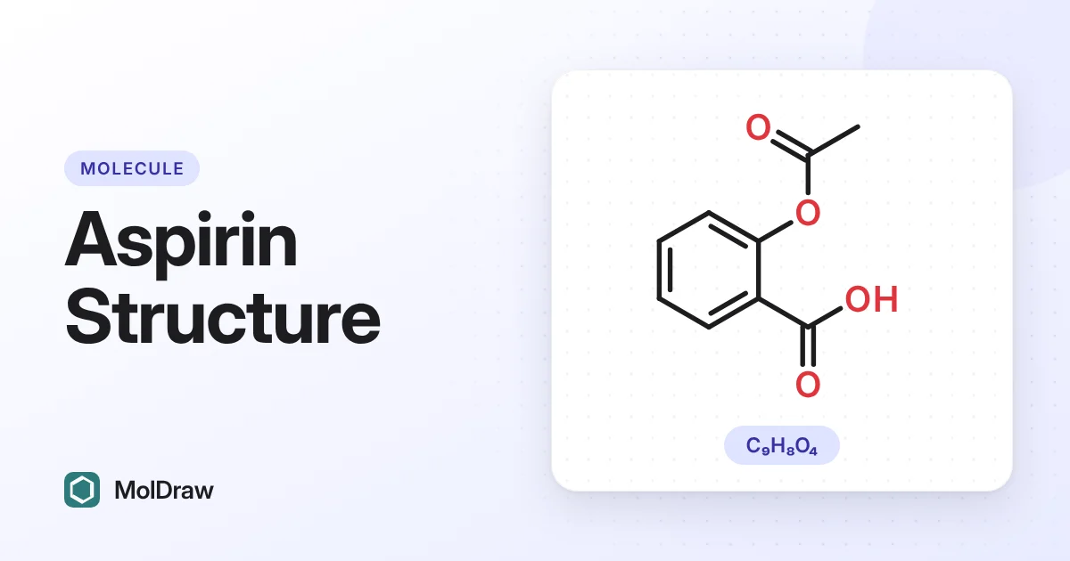 Skeletal structure of aspirin (acetylsalicylic acid), molecular formula C9H8O4: a benzene ring with an ester and a carboxylic acid group