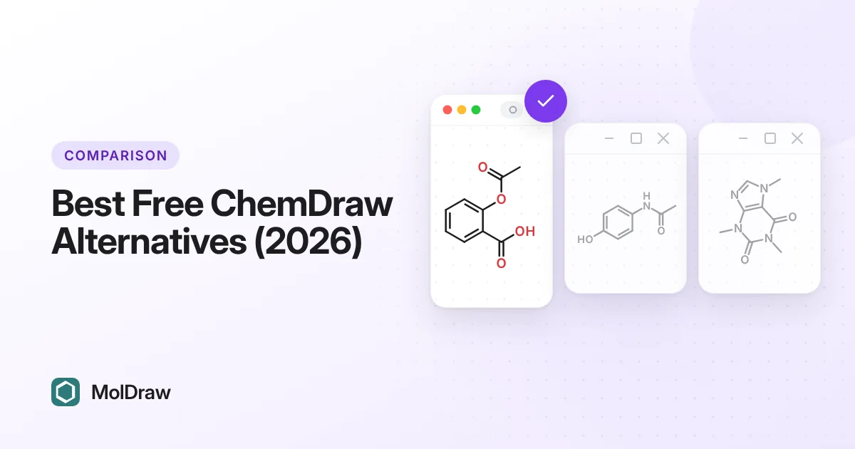 Three chemical structure editor windows side by side with aspirin, paracetamol and caffeine, the MolDraw browser window highlighted