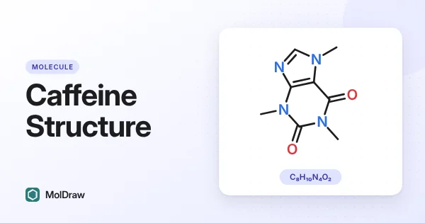 Skeletal structure of caffeine, molecular formula C8H10N4O2: a purine ring system with two carbonyl groups and three N-methyl groups
