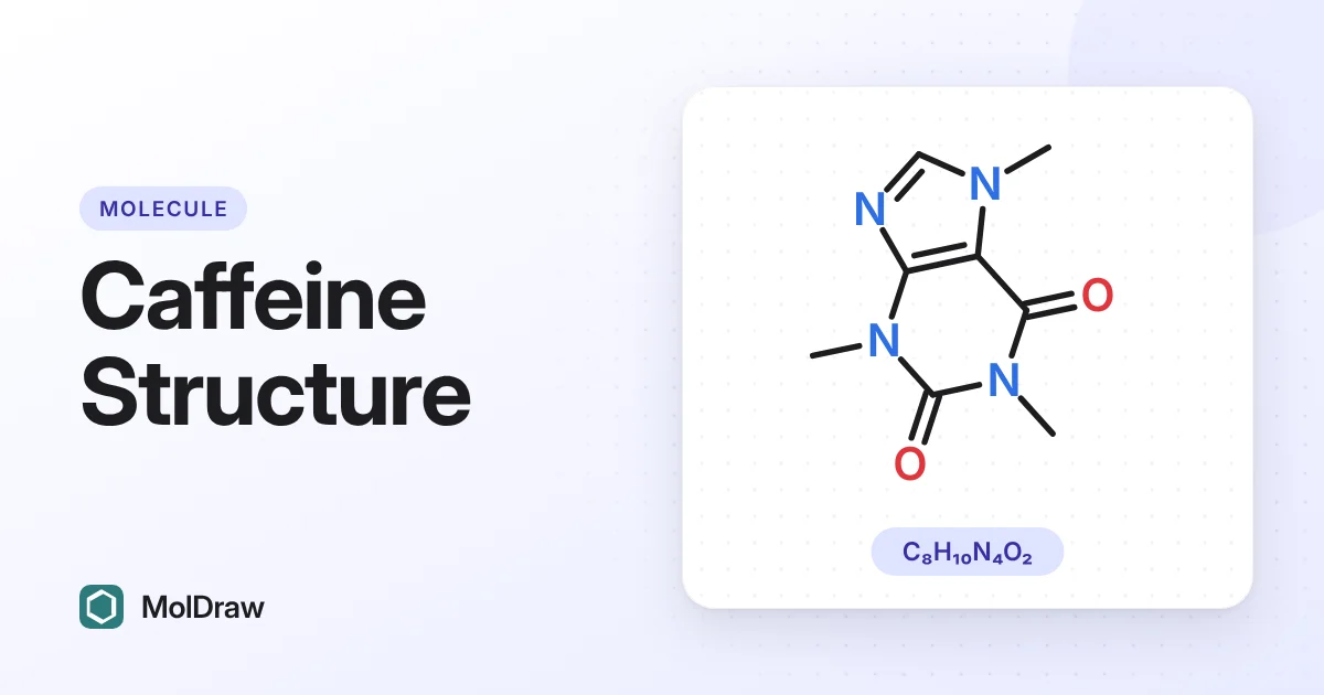 Skeletal structure of caffeine, molecular formula C8H10N4O2: a purine ring system with two carbonyl groups and three N-methyl groups