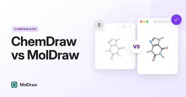 Side-by-side comparison: a paid desktop chemical editor and the free MolDraw browser editor, both showing caffeine