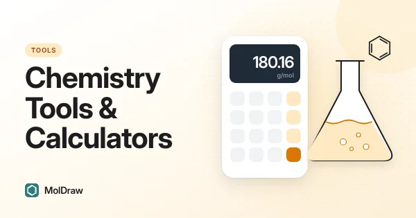 Illustration of a calculator showing a molar mass of 180.16 g/mol next to a conical flask and a benzene ring