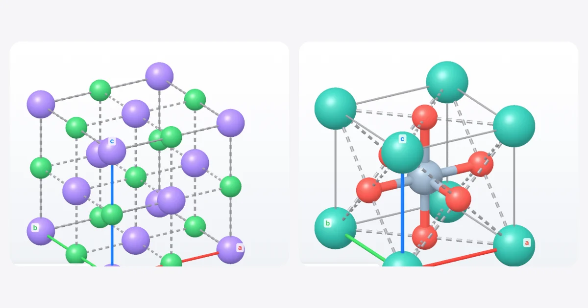 Two unit cells in the MolDraw Crystal View plugin: rock salt (NaCl) with its interpenetrating Na and Cl lattices, and cubic perovskite SrTiO3 with a TiO6 octahedron at the centre