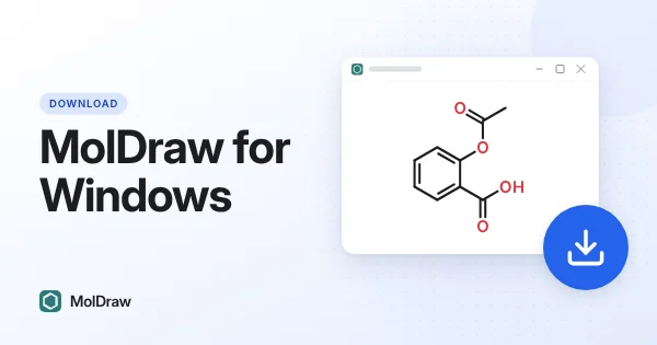 MolDraw desktop app window showing the aspirin structure, with a large download button