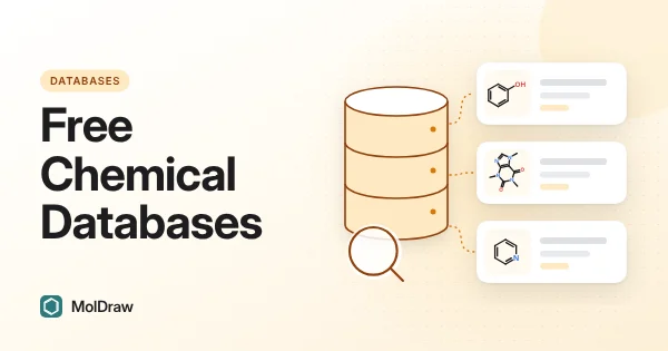 Illustration of a chemical database linked to compound records for phenol, caffeine and pyridine, with a search magnifier
