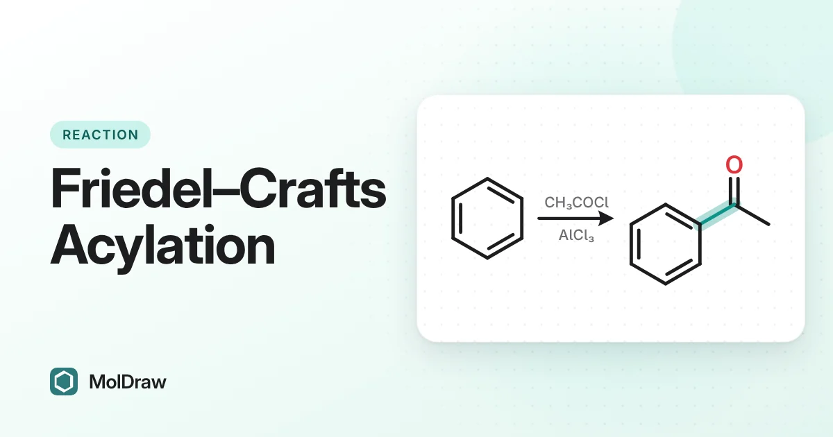 Friedel–Crafts acylation scheme: benzene with acetyl chloride and AlCl3 gives acetophenone, with the new ring–carbonyl C–C bond highlighted
