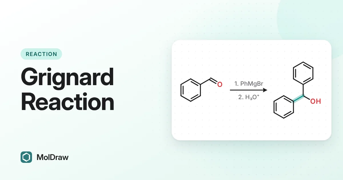 Grignard reaction scheme: benzaldehyde with phenylmagnesium bromide, then acid workup, gives diphenylmethanol, with the new C–C bond highlighted