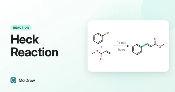 Heck reaction scheme: bromobenzene and methyl acrylate with a palladium catalyst and base give methyl cinnamate, with the new C–C bond highlighted