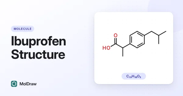 Skeletal structure of ibuprofen, molecular formula C13H18O2: a para-substituted benzene ring with an isobutyl group and a propanoic acid group