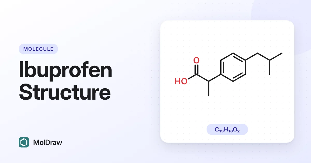 Skeletal structure of ibuprofen, molecular formula C13H18O2: a para-substituted benzene ring with an isobutyl group and a propanoic acid group