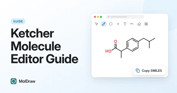 Browser molecule editor with a drawing toolbar and the ibuprofen structure on the canvas, plus a Copy SMILES button