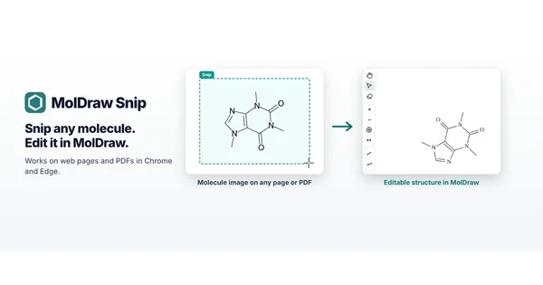 MolDraw Snip: l'immagine della caffeina in una pagina web selezionata con un riquadro tratteggiato e la stessa caffeina come struttura modificabile in MolDraw