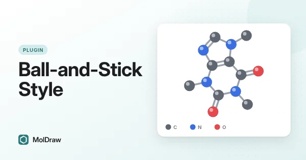 Caffeina disegnata come modello 2D a sfere e bastoncini con sfere grigie per il carbonio, blu per l'azoto e rosse per l'ossigeno unite da bastoncini