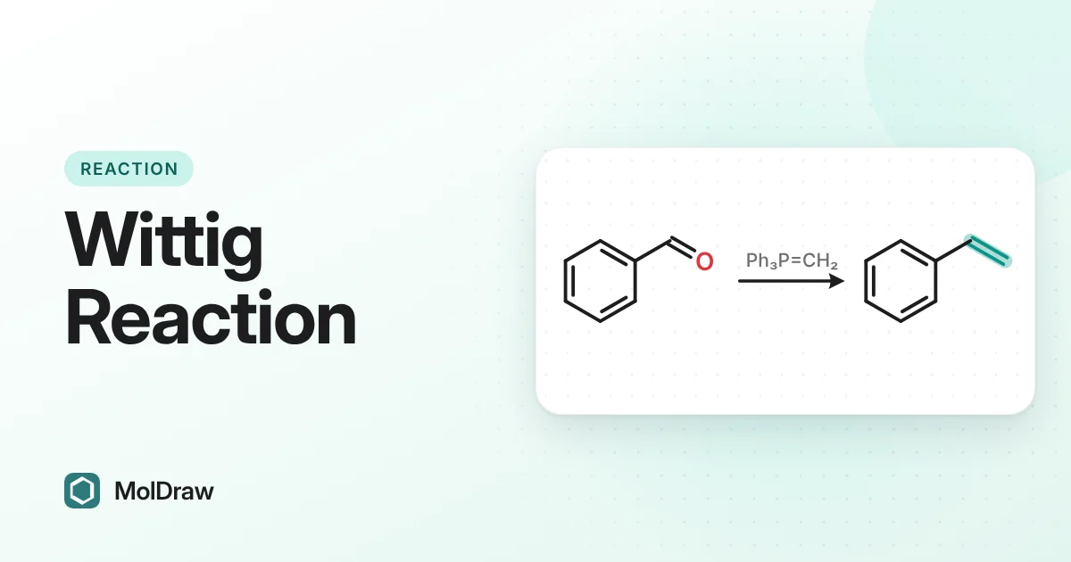 Wittig reaction scheme: benzaldehyde reacts with the ylide Ph3P=CH2 to give styrene, with the new C=C double bond highlighted