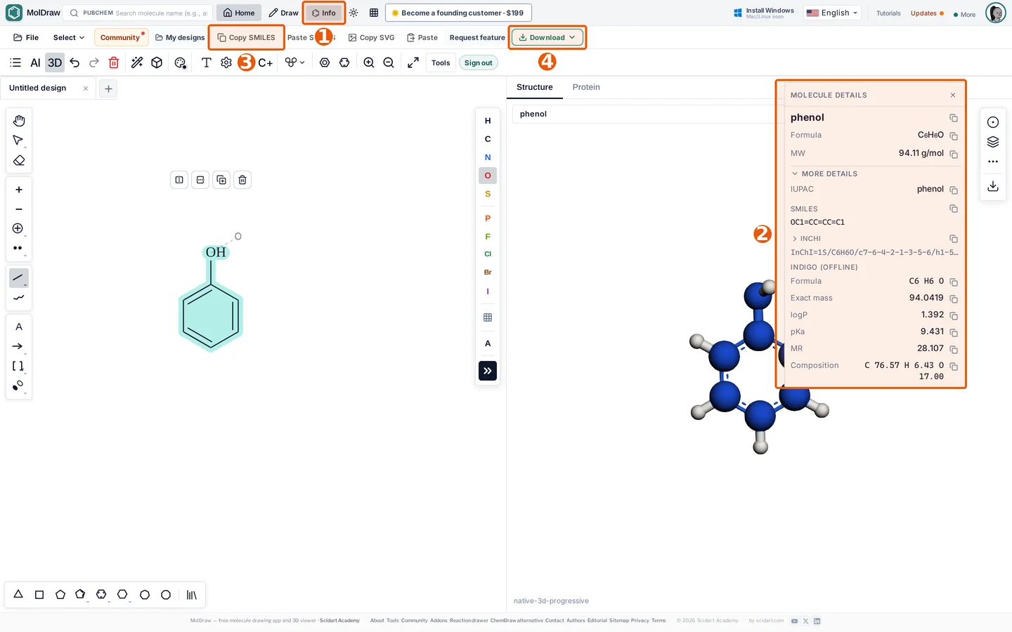 MolDraw with the Info button, molecule details panel, Copy SMILES and Download marked 1 to 4