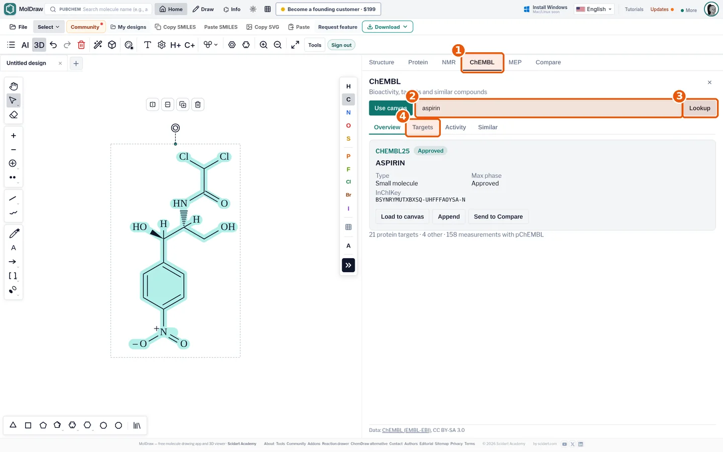 MolDraw ChEMBL plugin showing aspirin CHEMBL25 record with max phase Approved and InChIKey