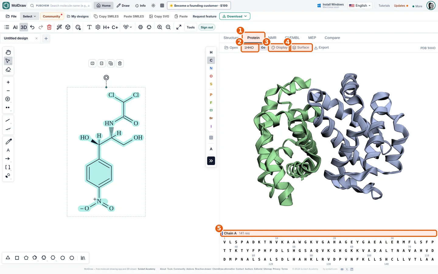 MolDraw Protein Viewer showing haemoglobin 1HHO as green and blue cartoon chains with the amino-acid sequence strip below